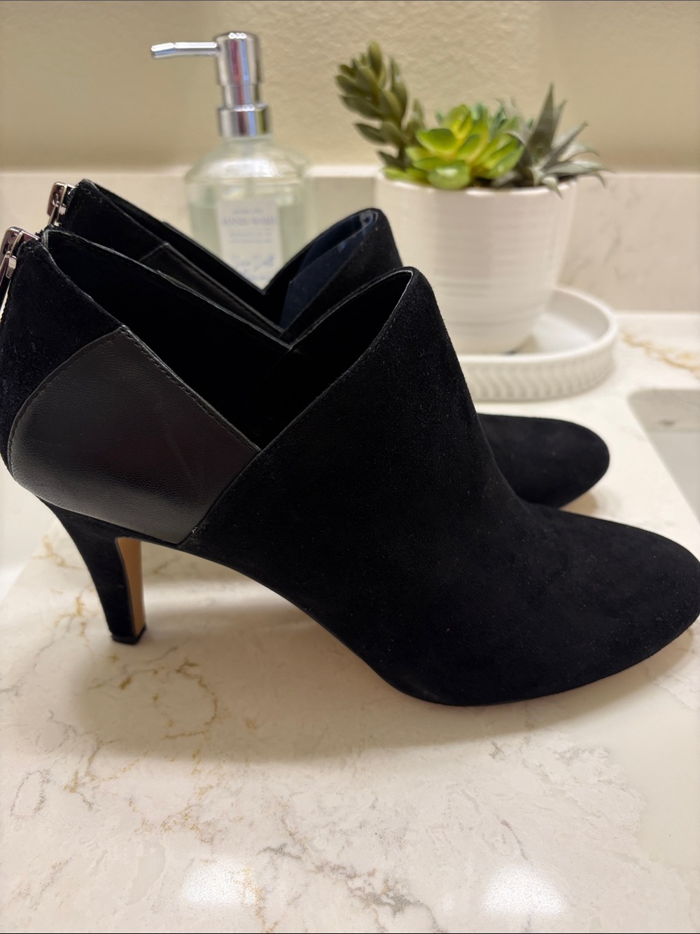 Vince Camuto Black Suede Ankle Booties with Leather Heel Panel